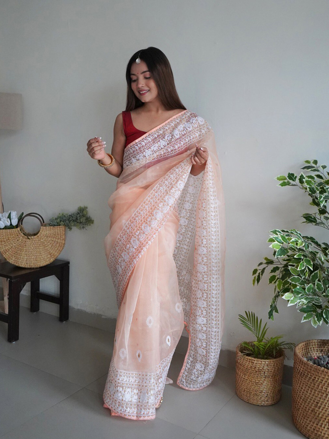 

Atulyam Tex World Floral Embroidered Organza Saree, Orange