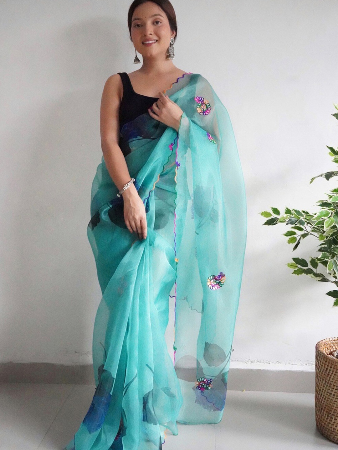 

Atulyam Tex World Floral Printed Mirror Work Organza Saree, Turquoise blue