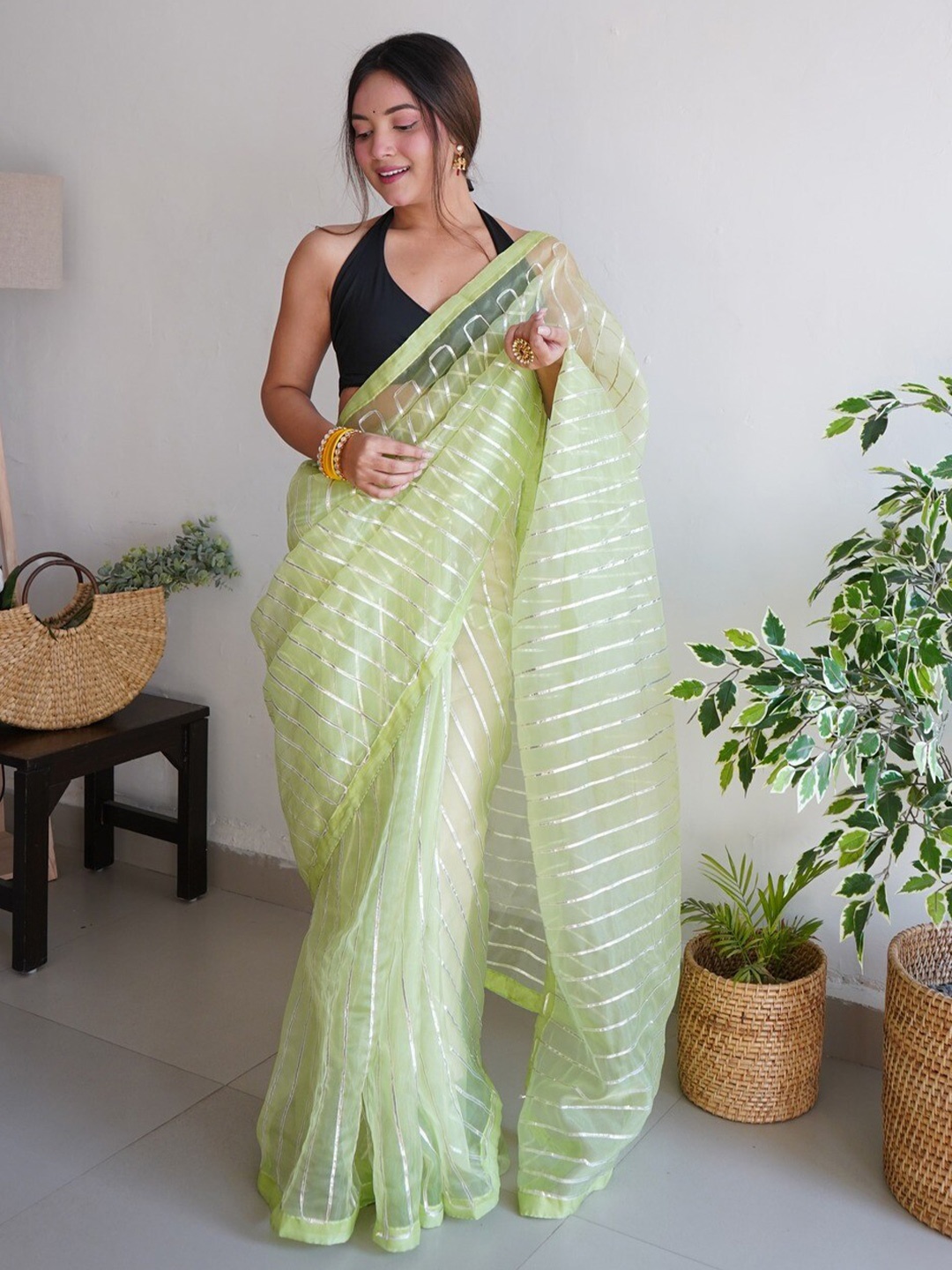 

Atulyam Tex World Striped Gotta Patti Organza Saree, Green