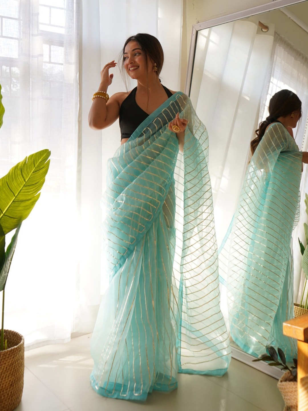 

Atulyam Tex World Striped Gotta Patti Organza Saree, Turquoise blue