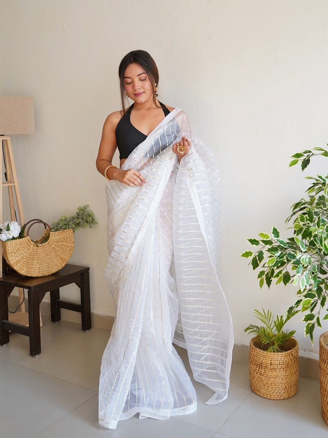 

Atulyam Tex World Striped Gotta Patti Organza Saree, White