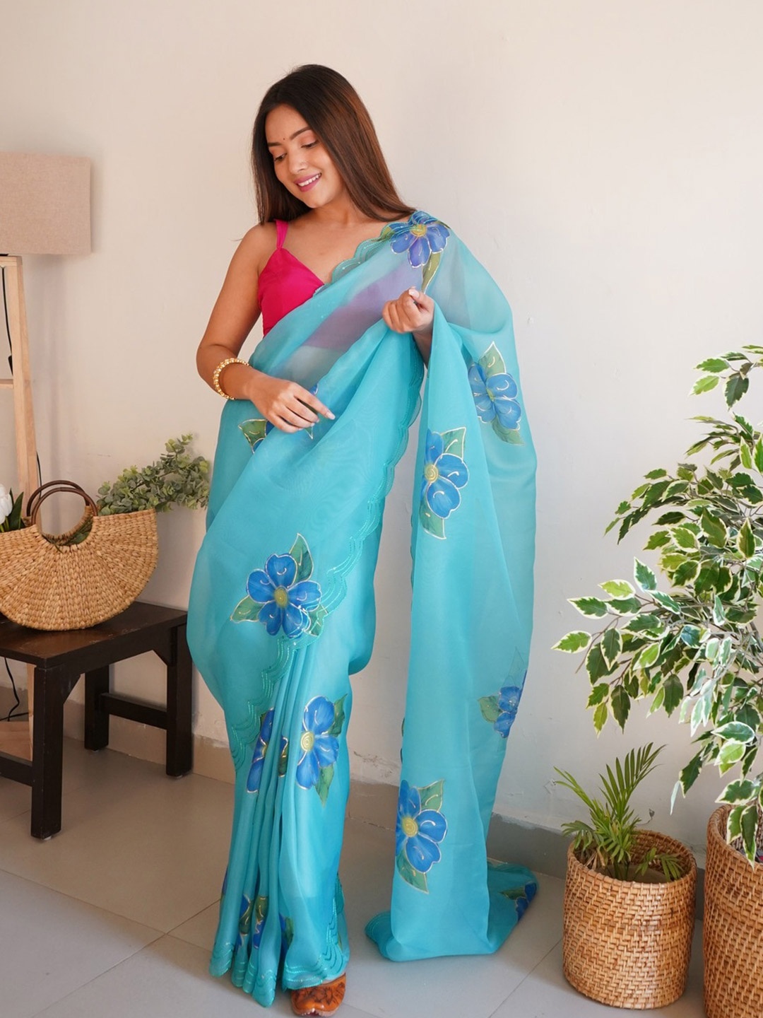 

Atulyam Tex World Floral Printed Embroidered Organza Saree, Turquoise blue