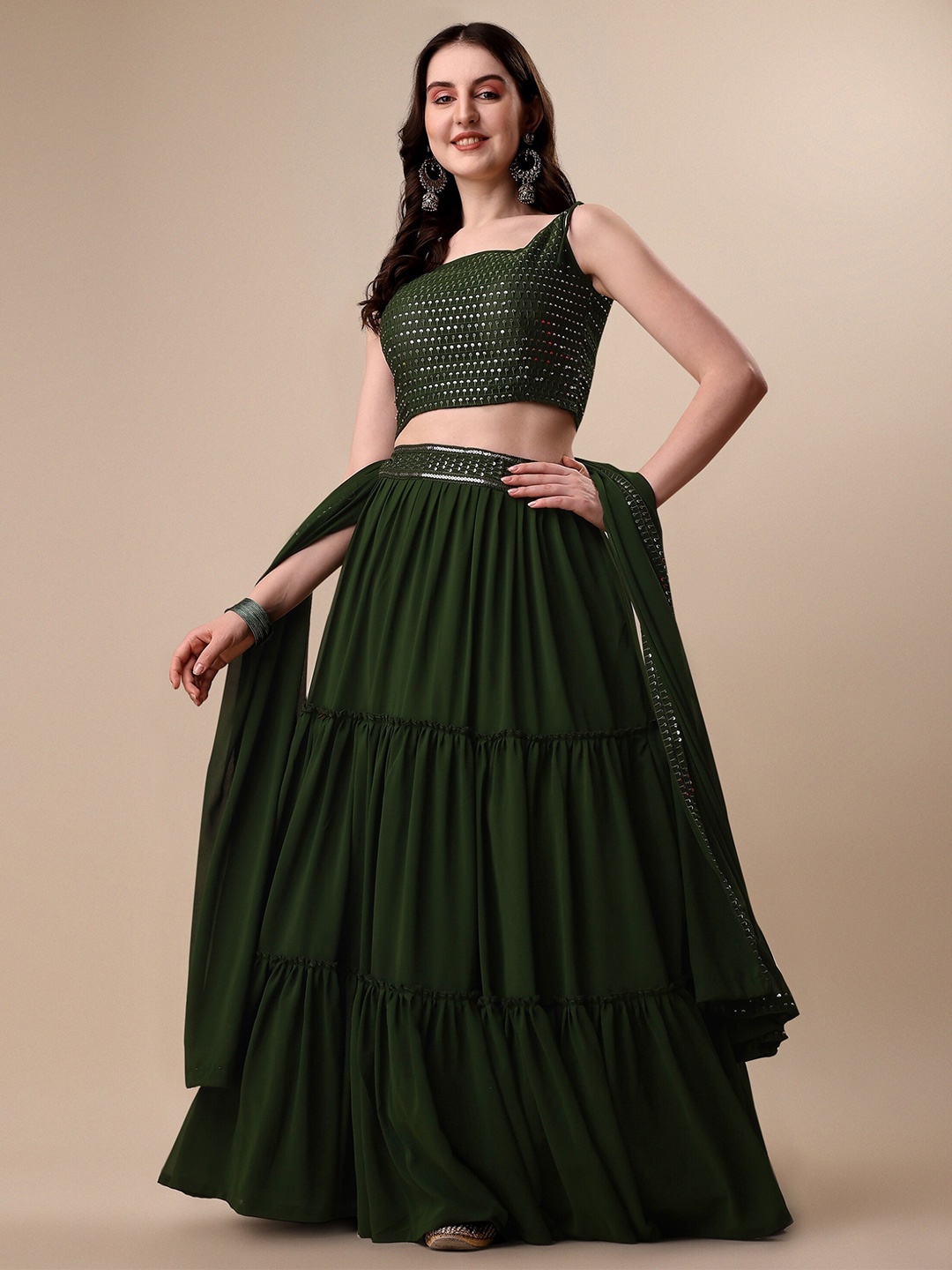 

Vaidehi Fashion Embroidered Sequinned Ready to Wear Lehenga & Blouse With Dupatta, Olive
