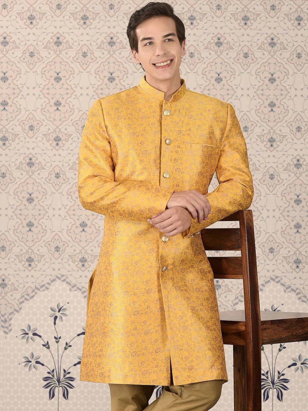 

Ode by House of Pataudi Yellow Woven-Designed Sherwani