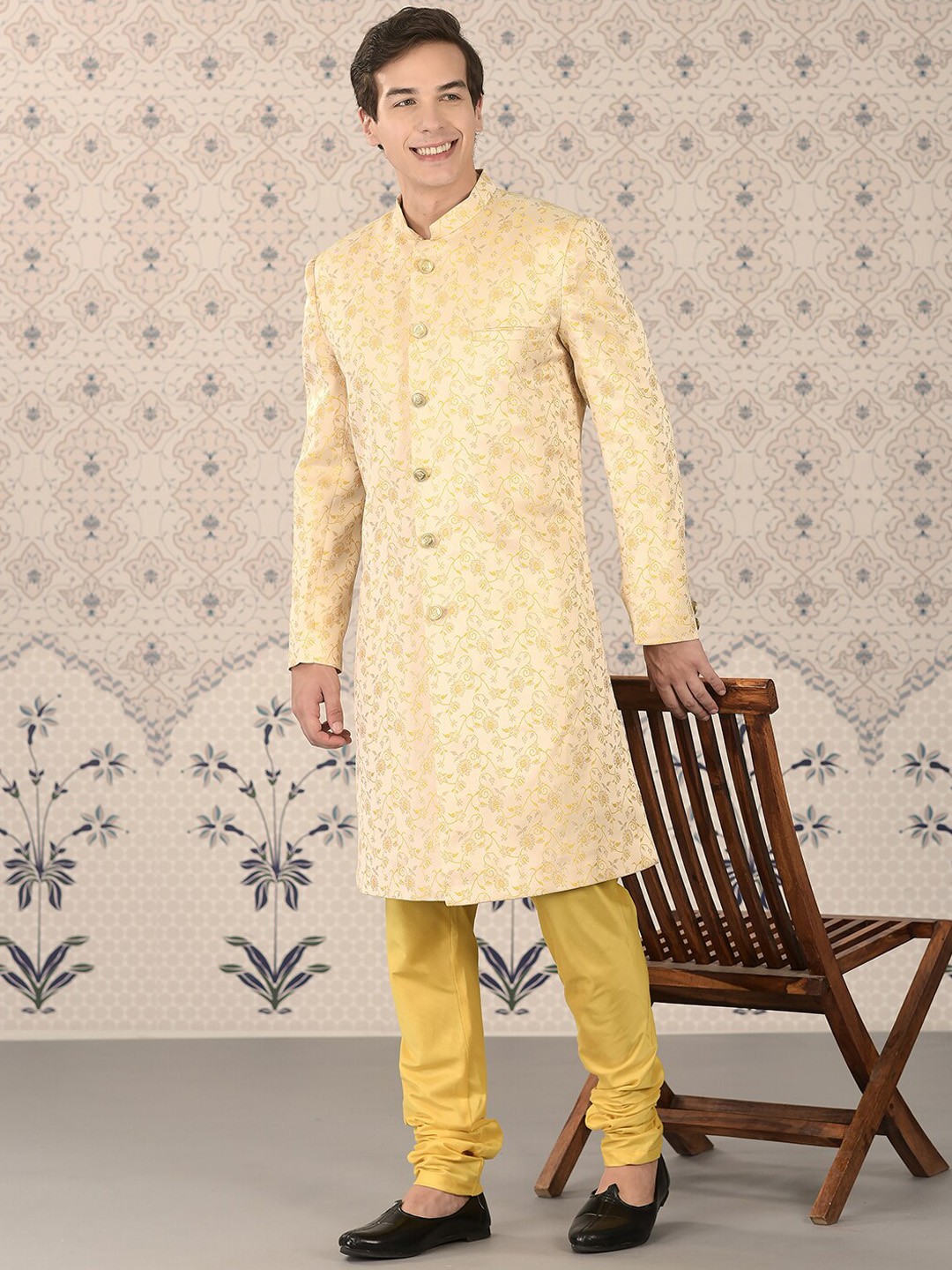 

Ode by House of Pataudi Yellow Woven-Design Sherwani