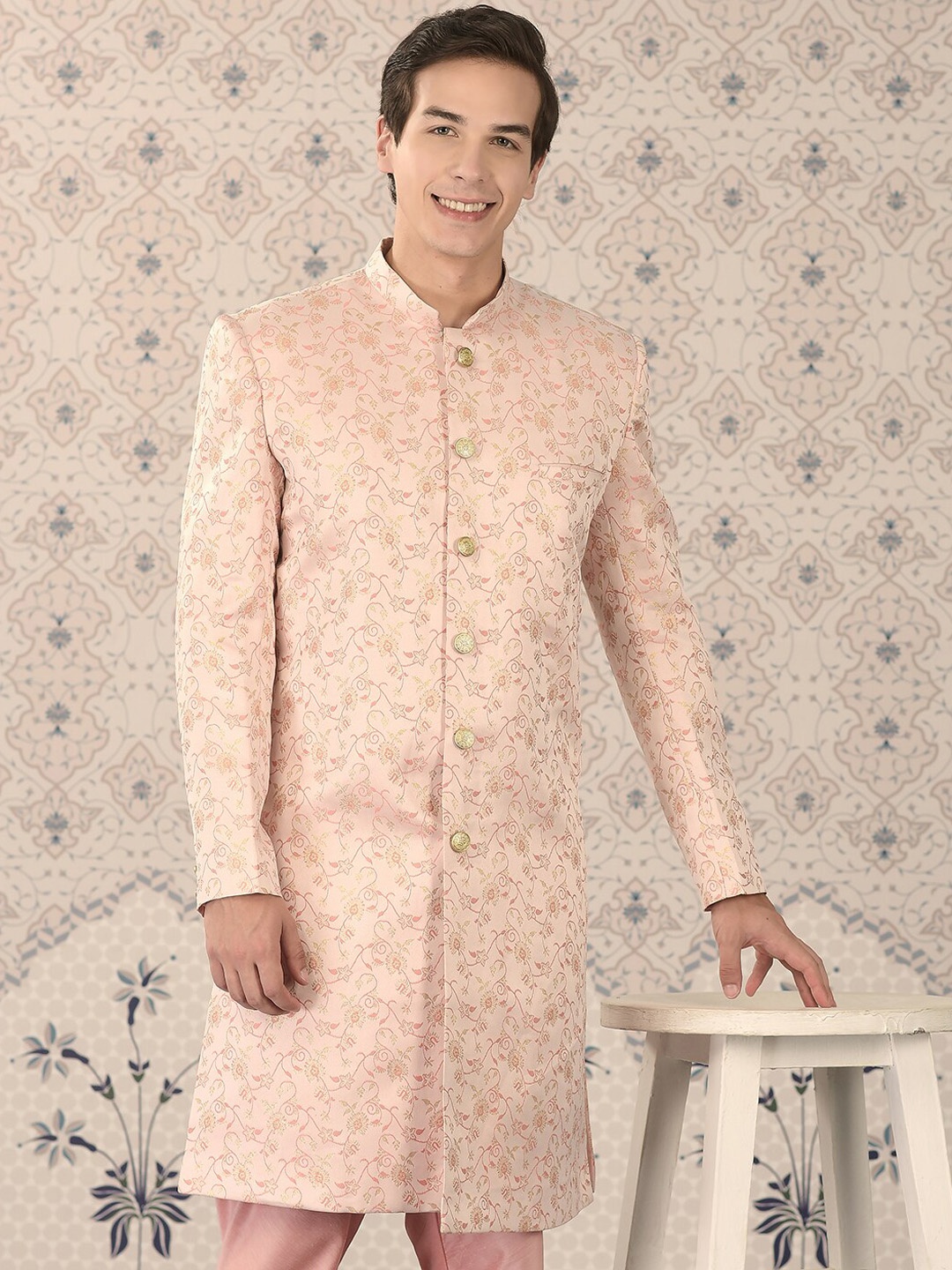 

Ode by House of Pataudi Peach Woven Design Sherwani Set