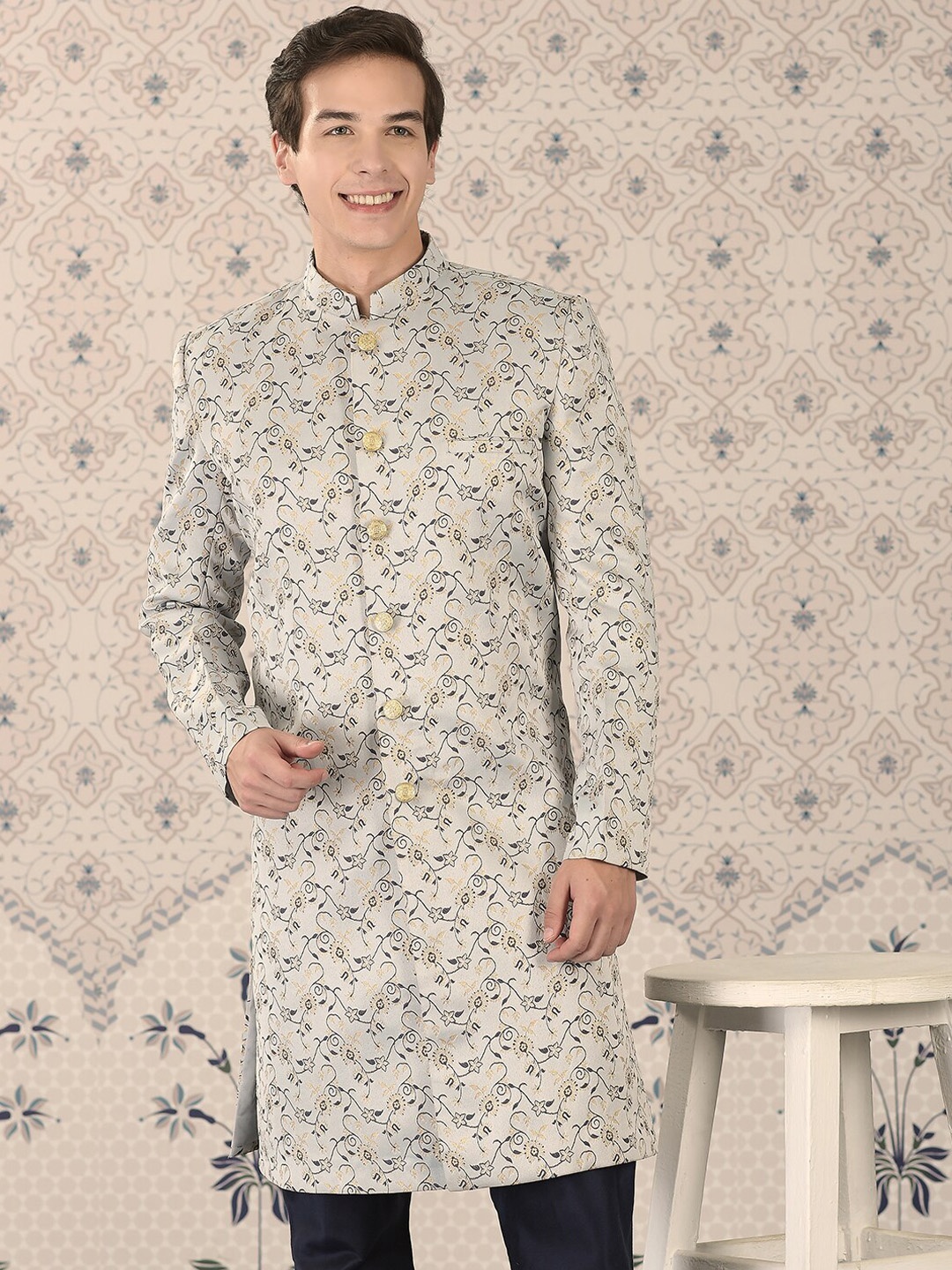 

Ode by House of Pataudi Silver Woven-Designed Sherwani