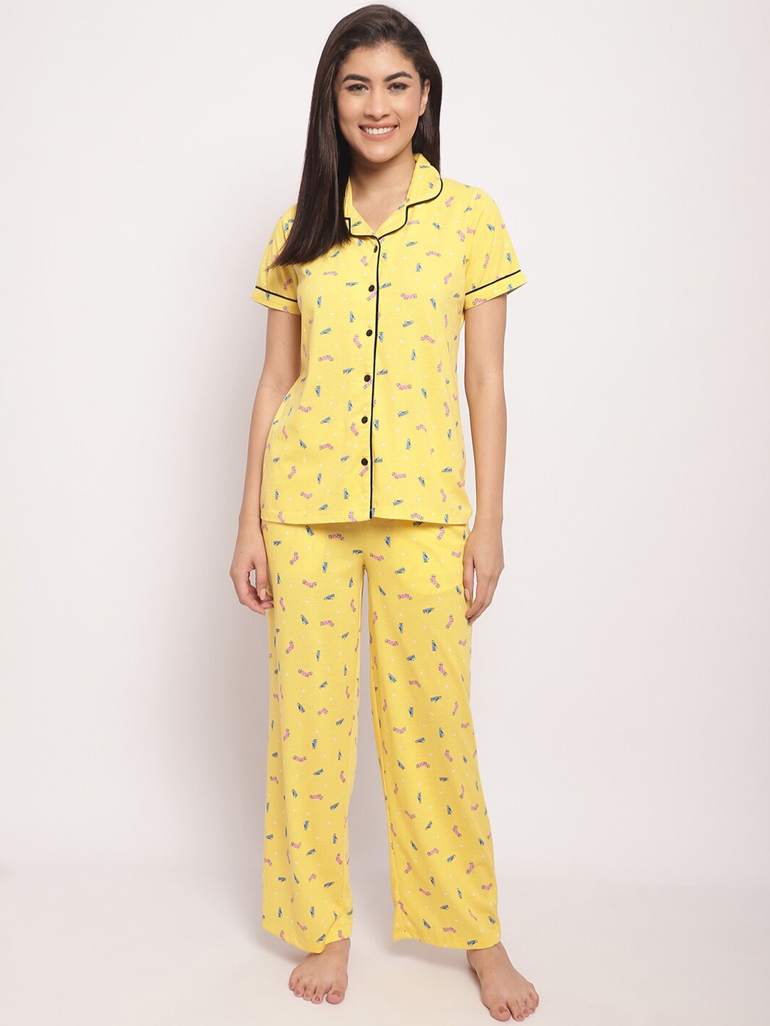 

Kanvin Yellow & Blue Conversational Printed Pure Cotton Night Suit