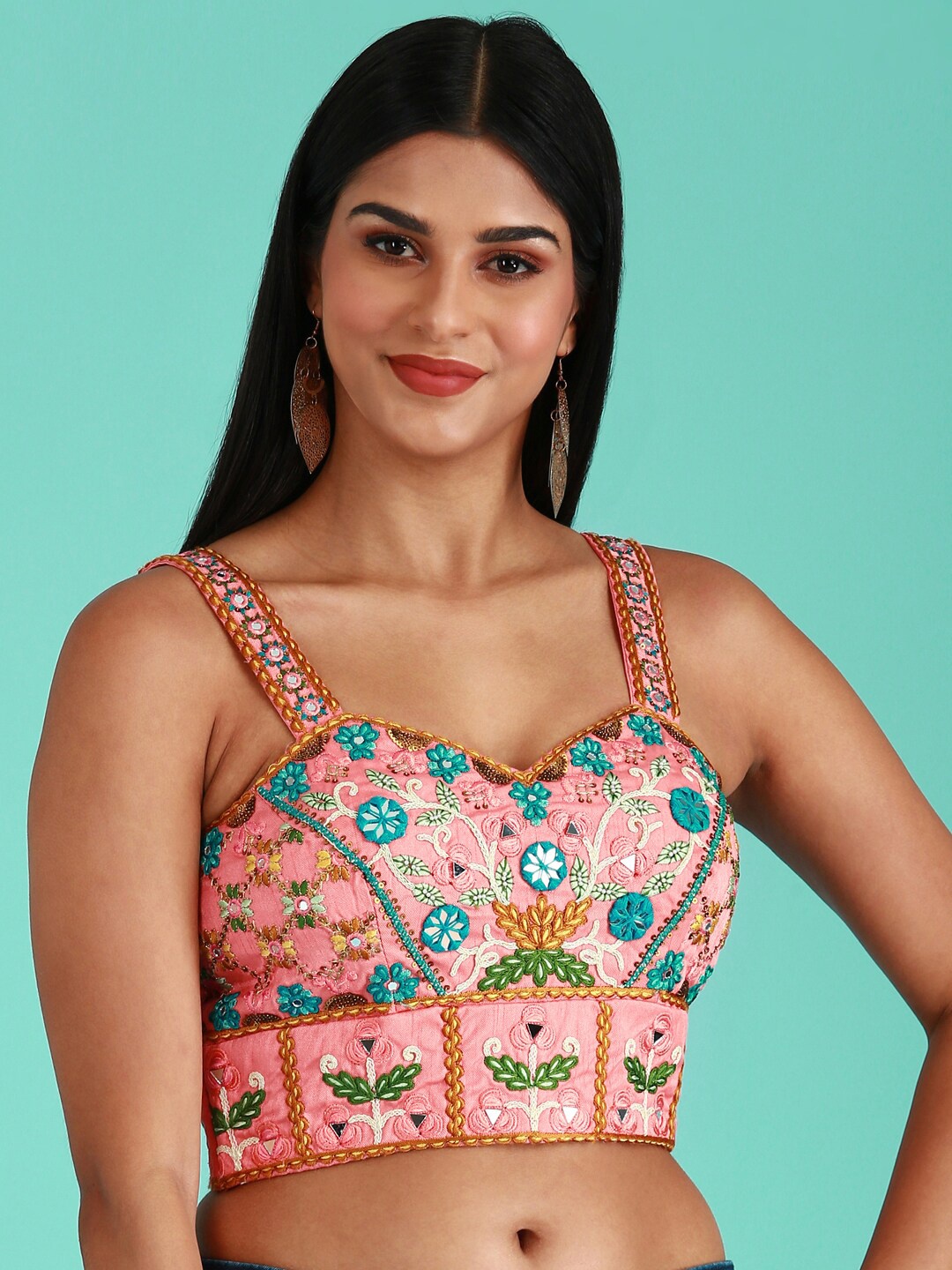 

panchhi Embroidered Sweetheart Neck Sleeveless Mirror Work Pure Art Silk Readymade Blouse, Coral