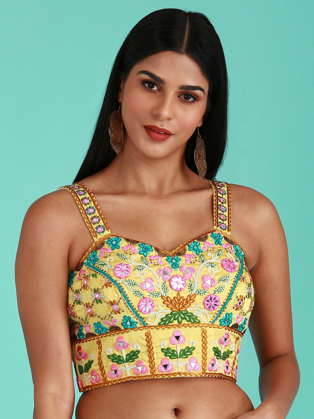 

panchhi Embroidered Sweetheart Neck Sleeveless Mirror Work Pure Art Silk Readymade Blouse, Yellow