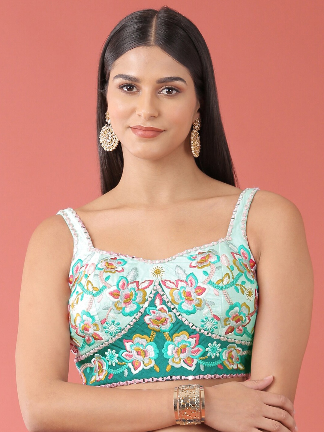 

panchhi Embroidered Pure Silk Readymade Saree Blouse, Turquoise blue