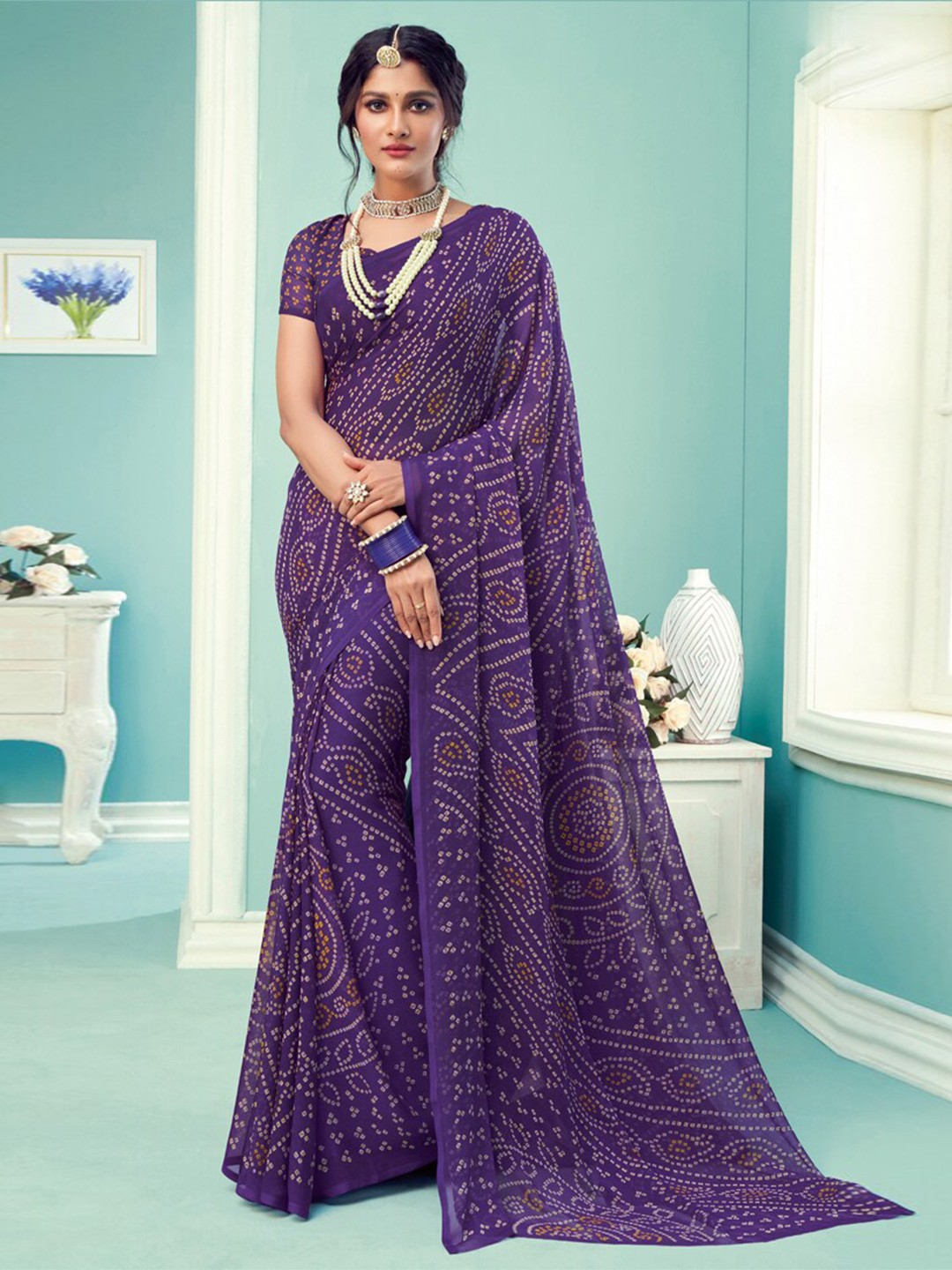 

DIVASTRI Bandhani Printed Pure Chiffon Saree, Purple