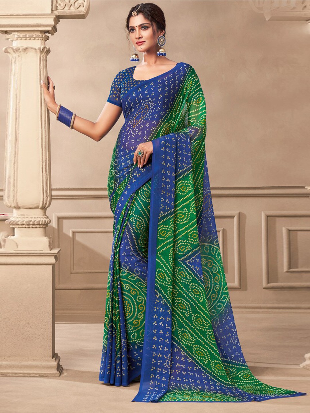 

DIVASTRI Bandhani Printed Pure Chiffon Saree, Blue