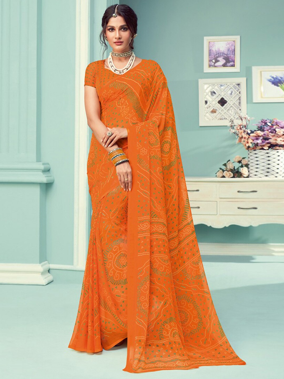 

DIVASTRI Bandhani Printed Pure Chiffon Saree, Mustard