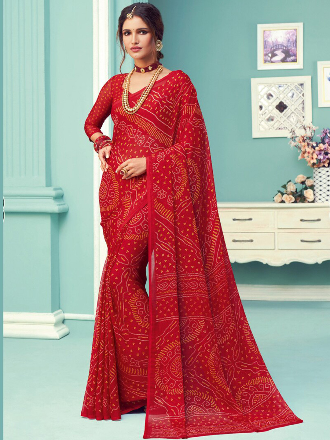 

DIVASTRI Bandhani Printed Pure Chiffon Saree, Red