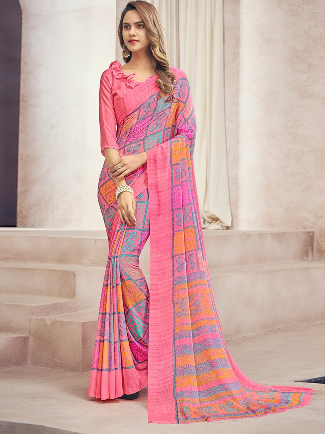 

DIVASTRI Ethnic Motif Printed Pure Chiffon Saree, Pink