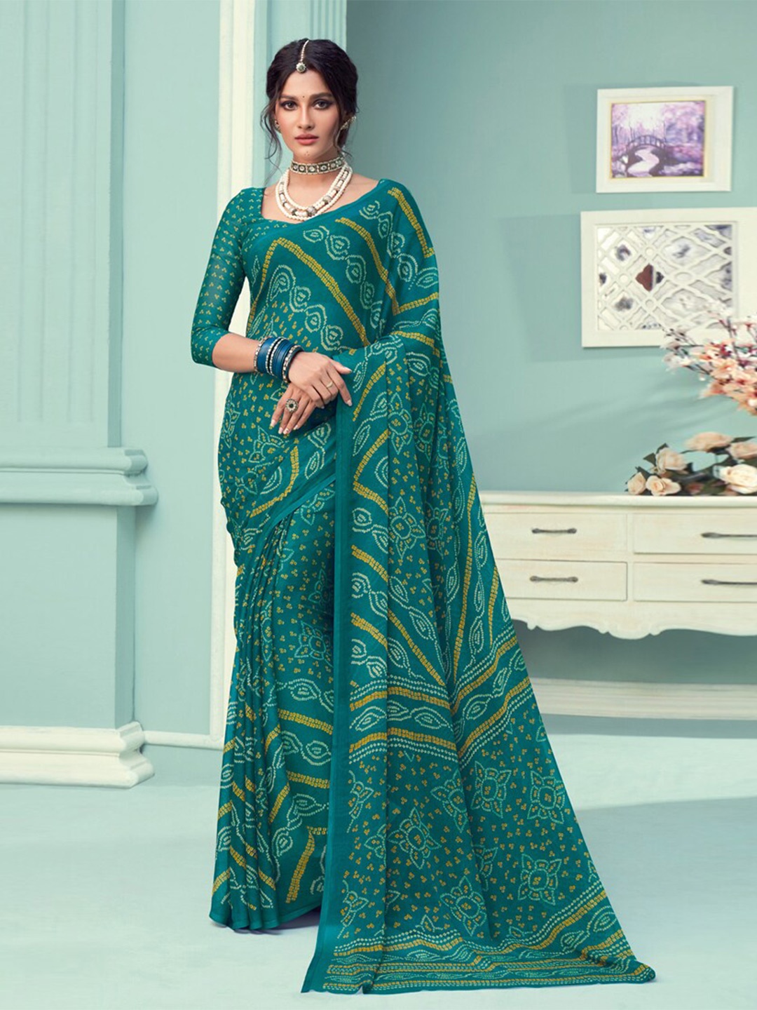 

DIVASTRI Bandhani Pure Chiffon Saree, Sea green