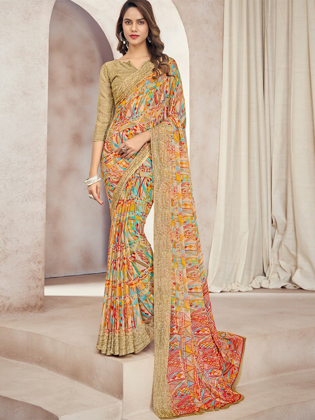 

DIVASTRI Abstract Printed Pure Chiffon Saree, Beige
