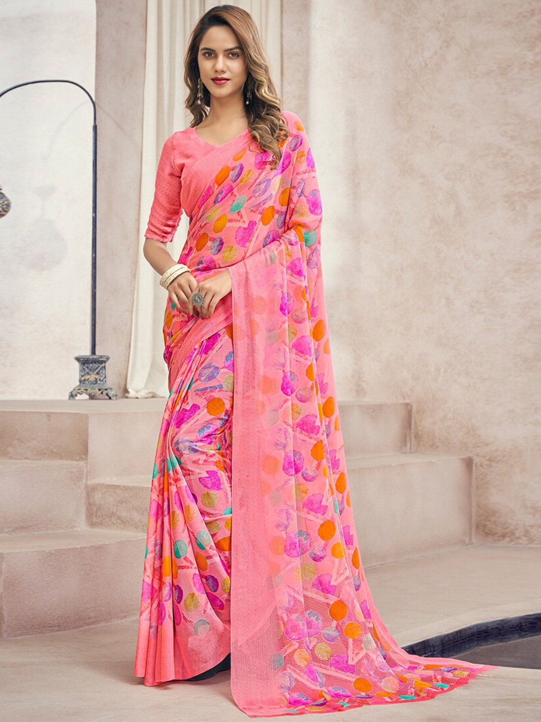 

DIVASTRI Pure Chiffon Saree, Pink