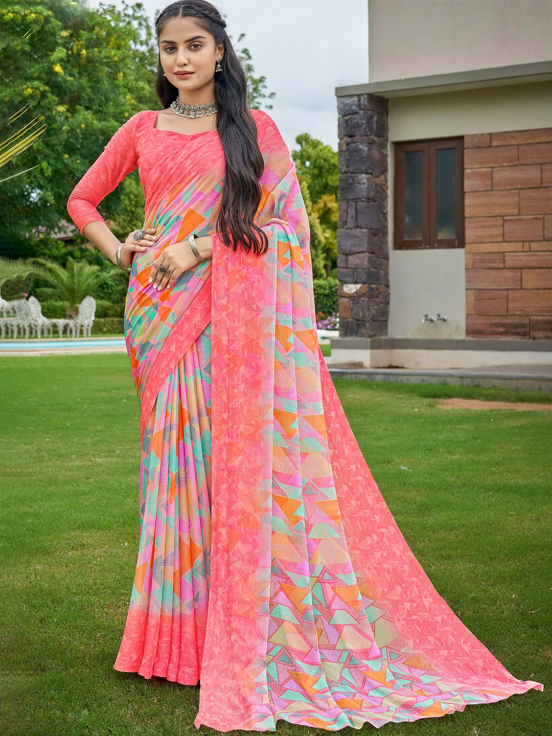 

DIVASTRI Geometric Printe Pure Chiffon Saree, Pink