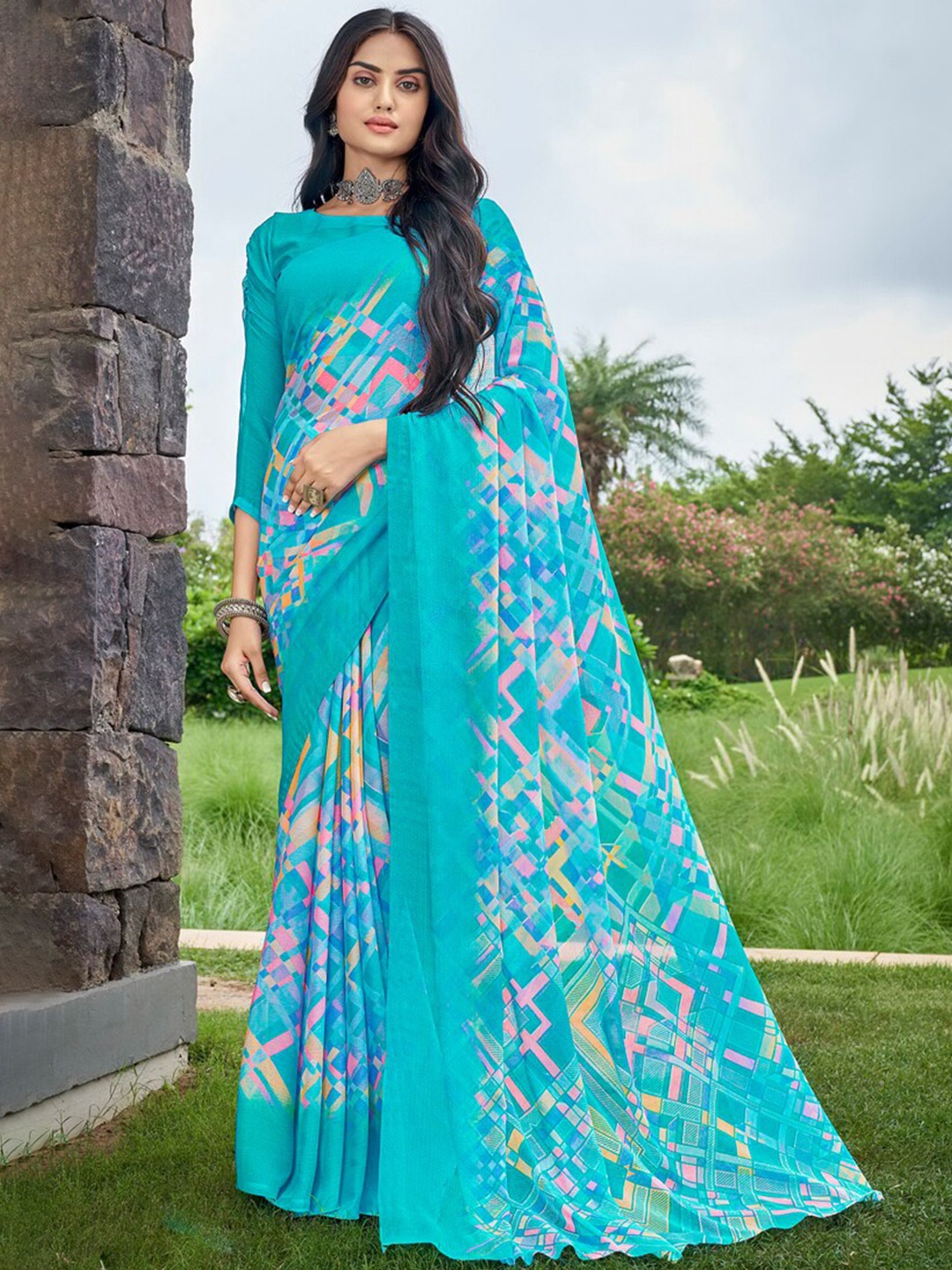 

DIVASTRI Pure Chiffon Saree, Blue