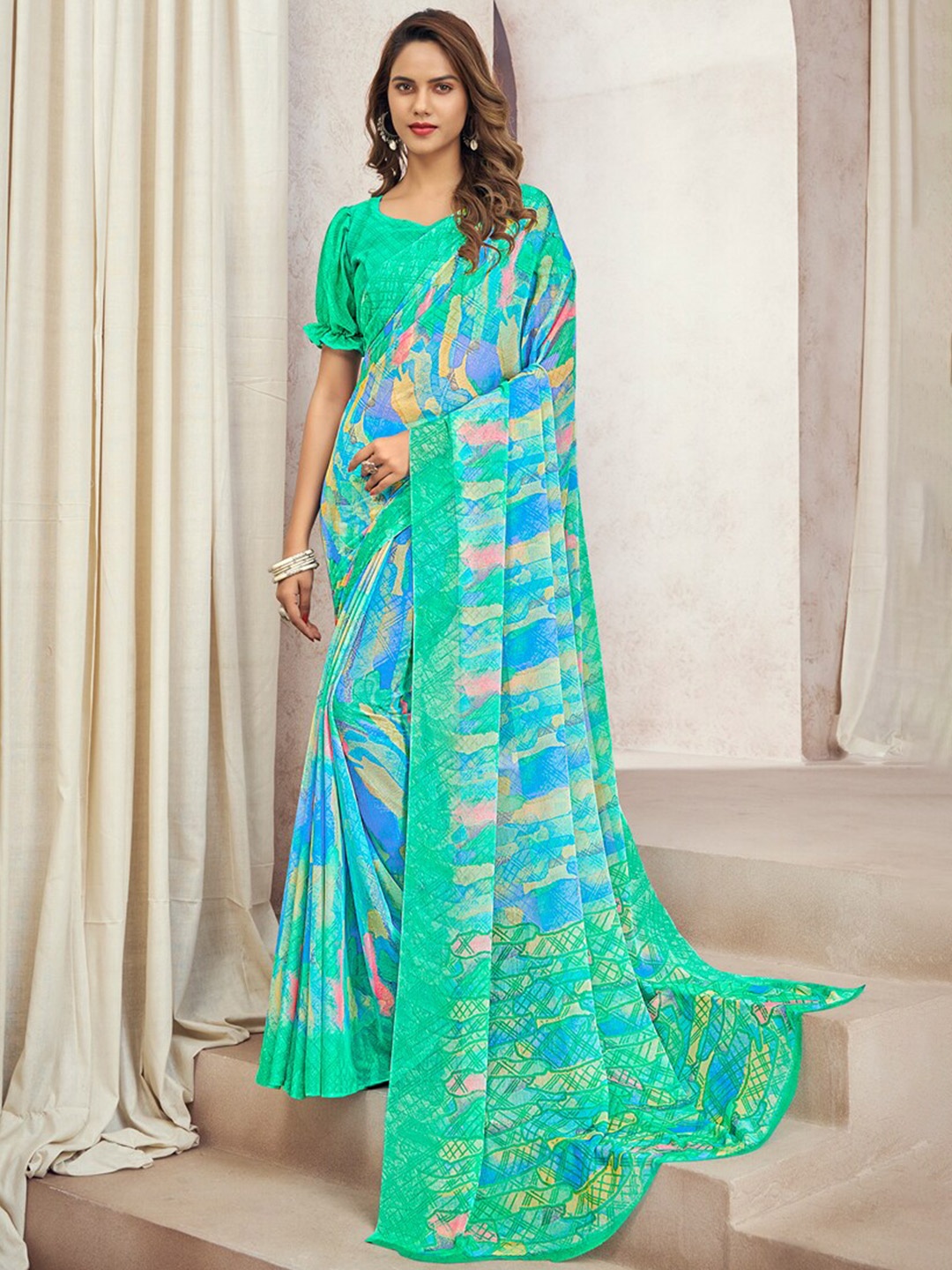 

DIVASTRI Abstract Printed Pure Chiffon Saree, Sea green