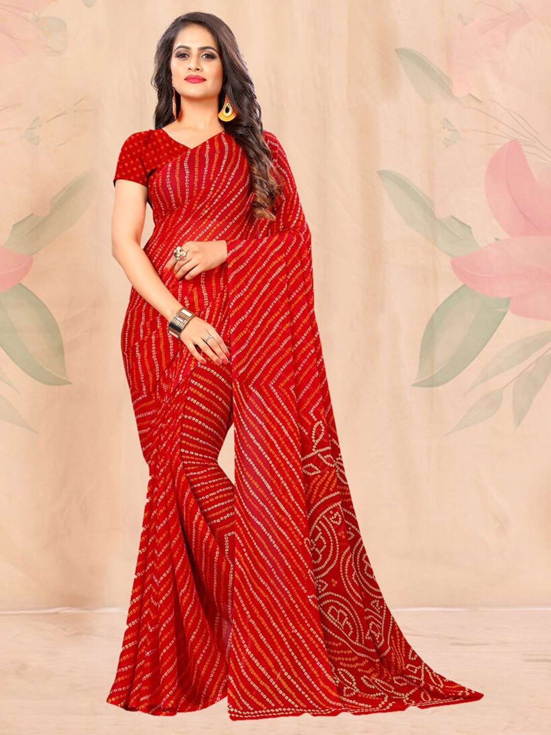 

DIVASTRI Bandhani Pure Chiffon Saree, Red