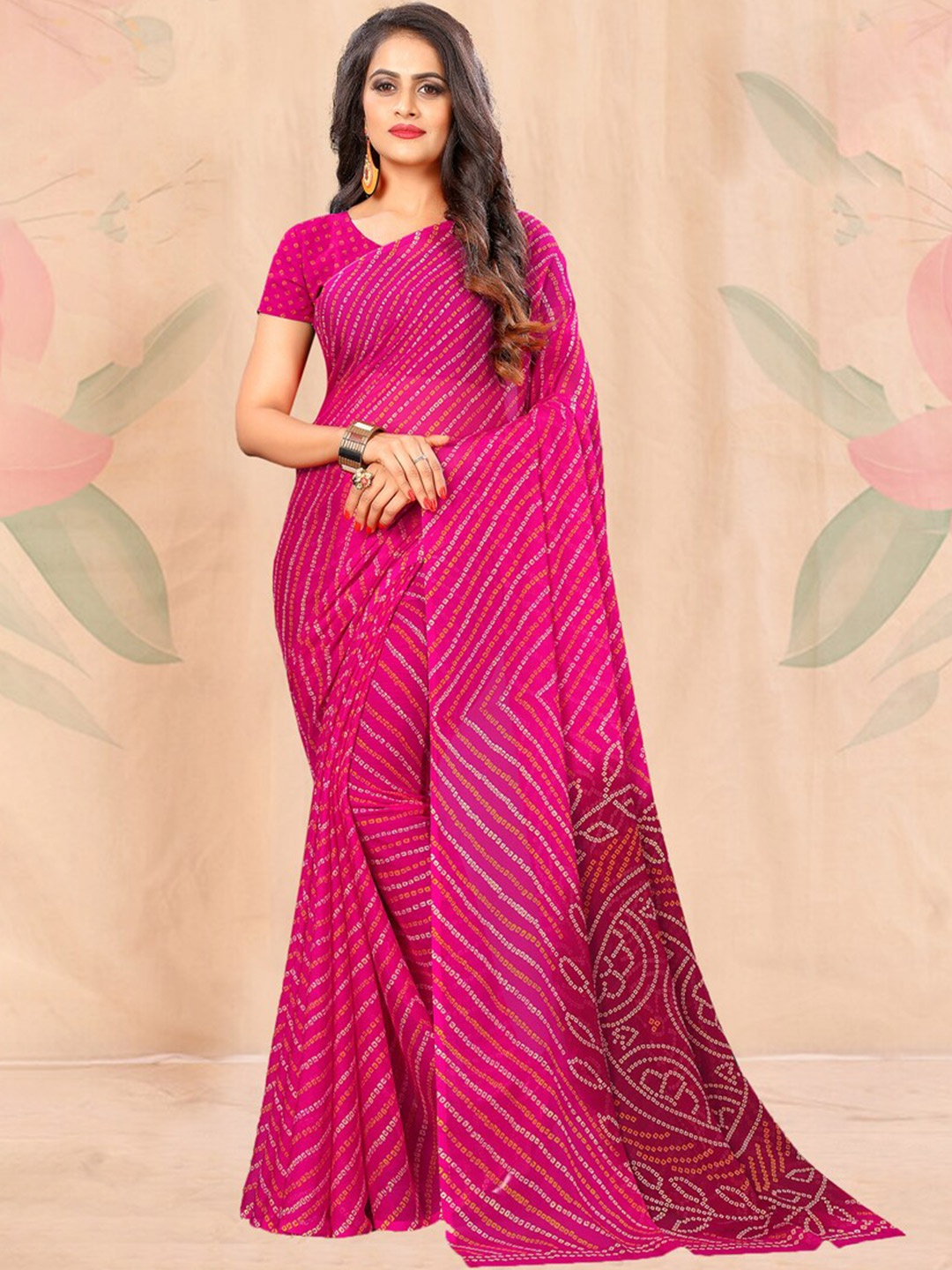

DIVASTRI Bandhani Pure Chiffon Saree, Pink