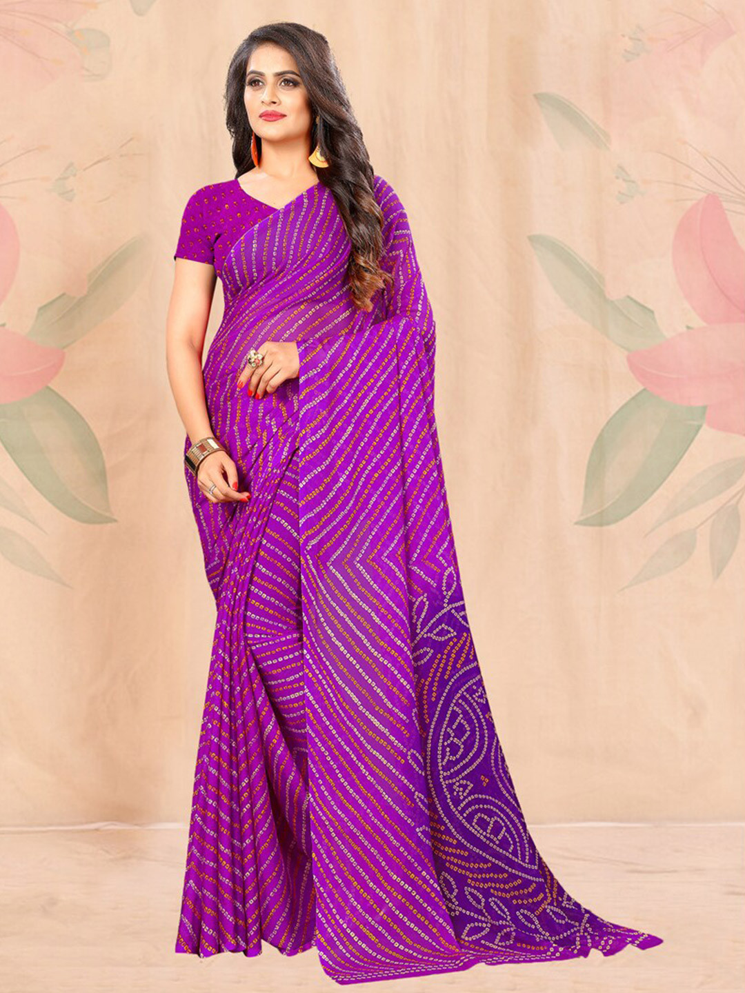 

DIVASTRI Bandhani Pure Chiffon Saree, Purple