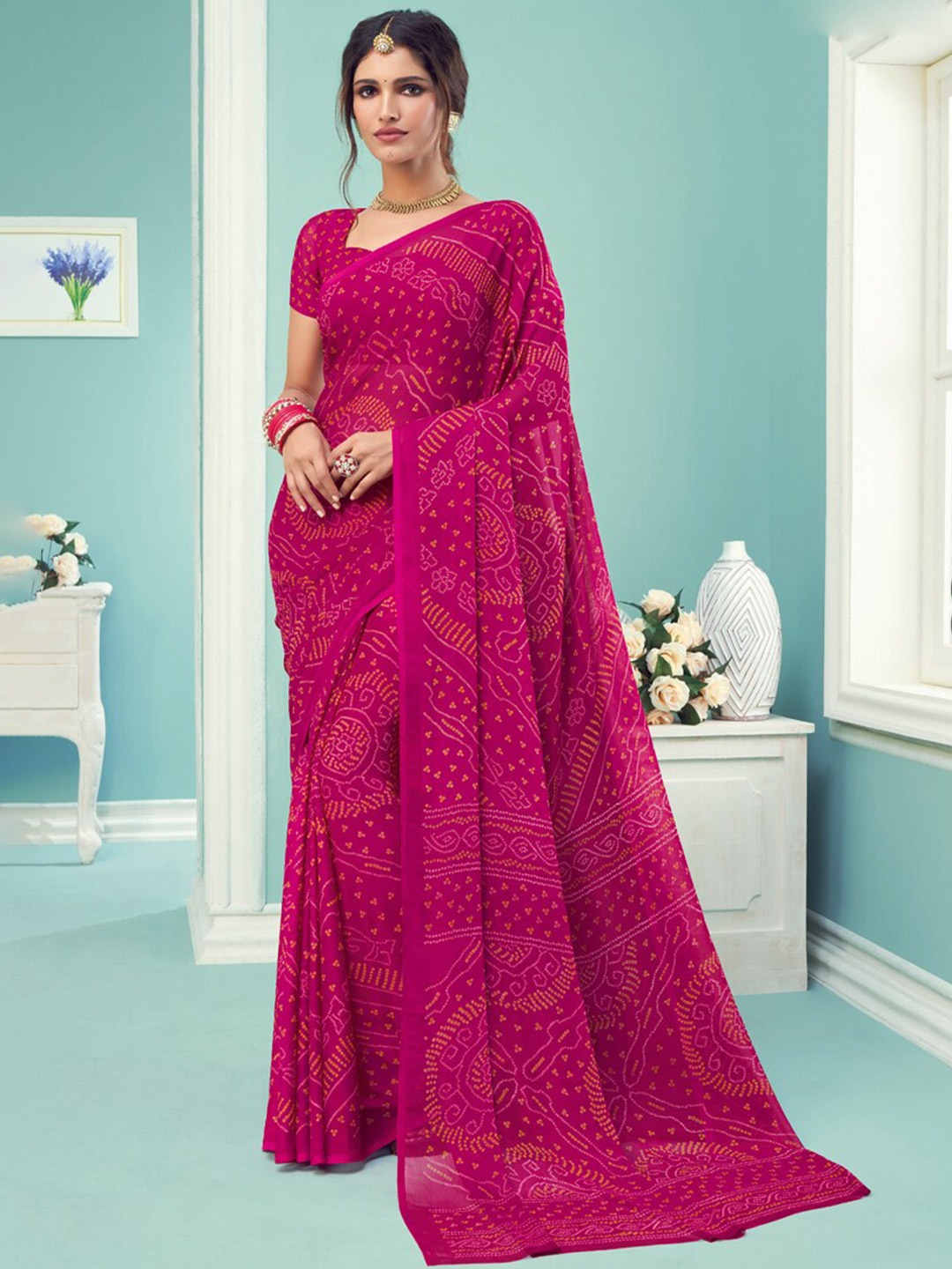 

DIVASTRI Bandhani Pure Chiffon Saree, Pink