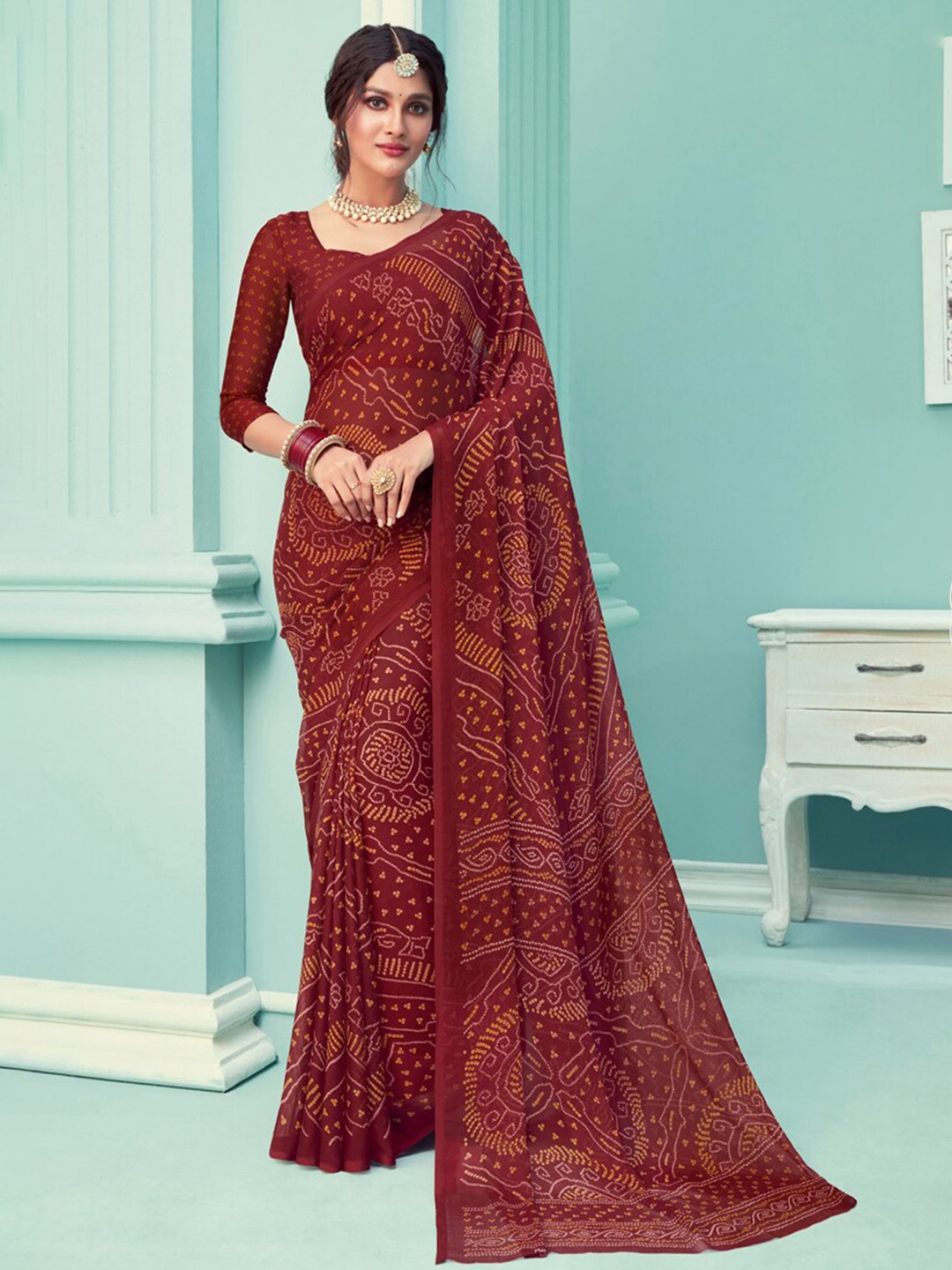 

DIVASTRI Bandhani Pure Chiffon Saree, Brown