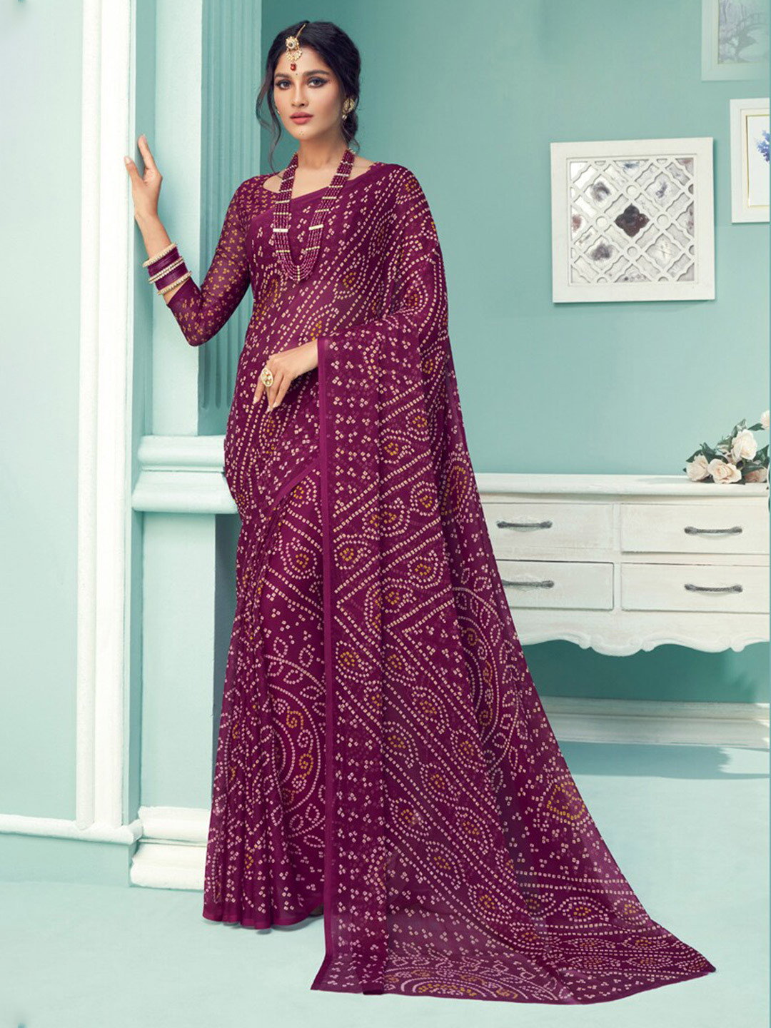 

DIVASTRI Bandhani Pure Chiffon Saree, Purple