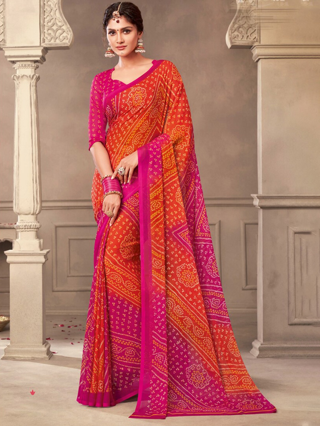 

DIVASTRI Bandhani Pure Chiffon Saree, Orange