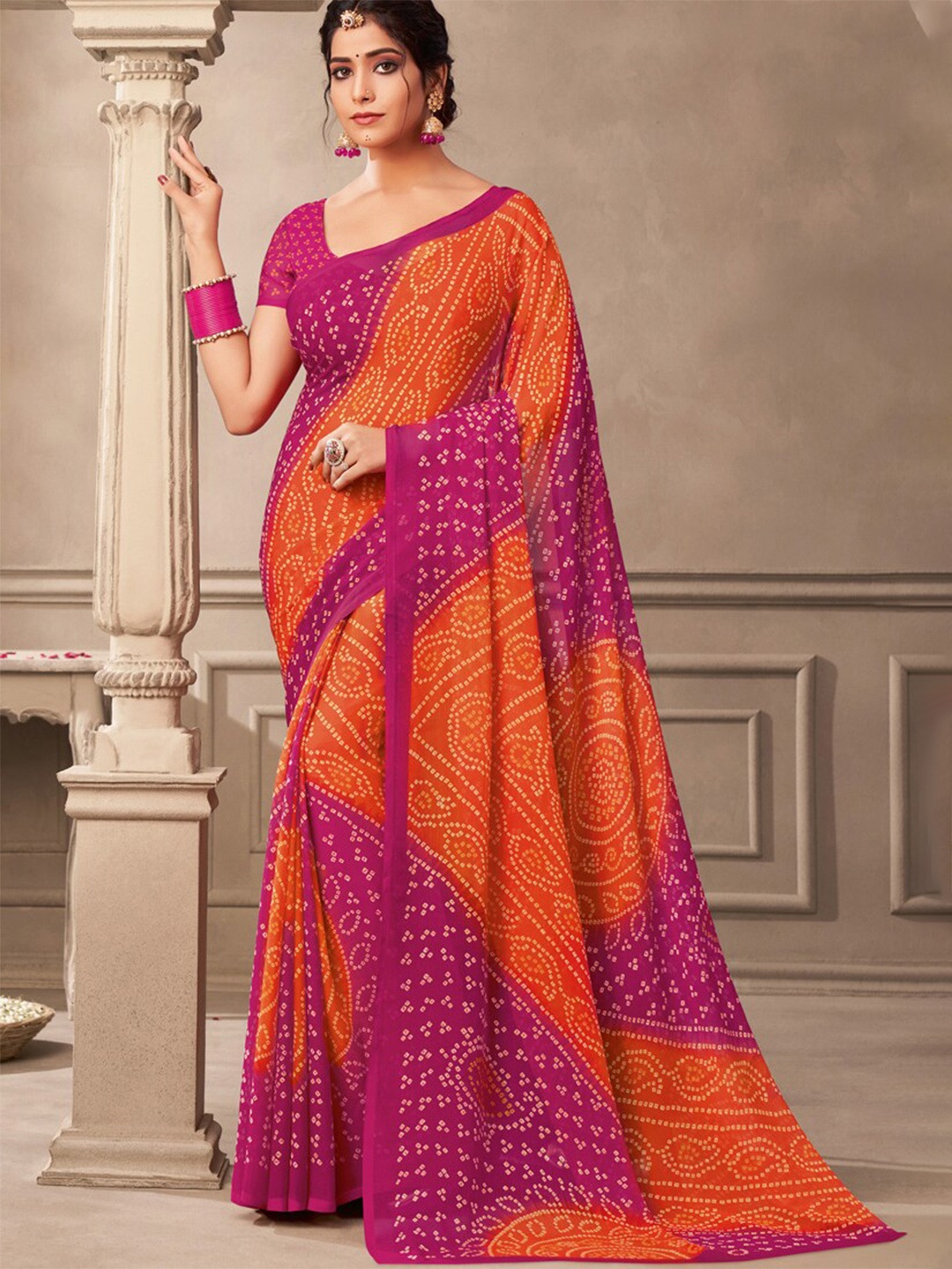 

DIVASTRI Bandhani Pure Chiffon Saree, Pink