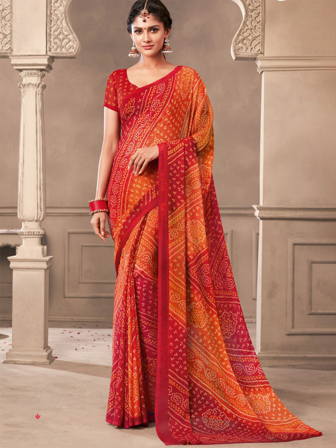 

DIVASTRI Bandhani Pure Chiffon Saree, Red