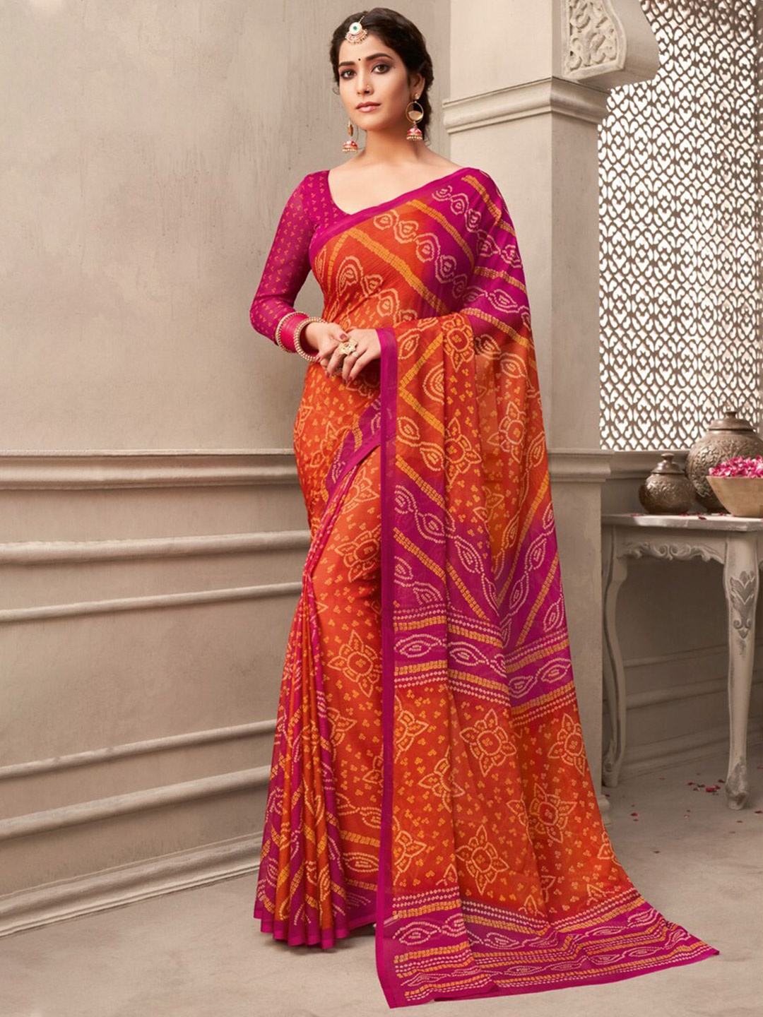 

DIVASTRI Bandhani Pure Chiffon Saree, Orange