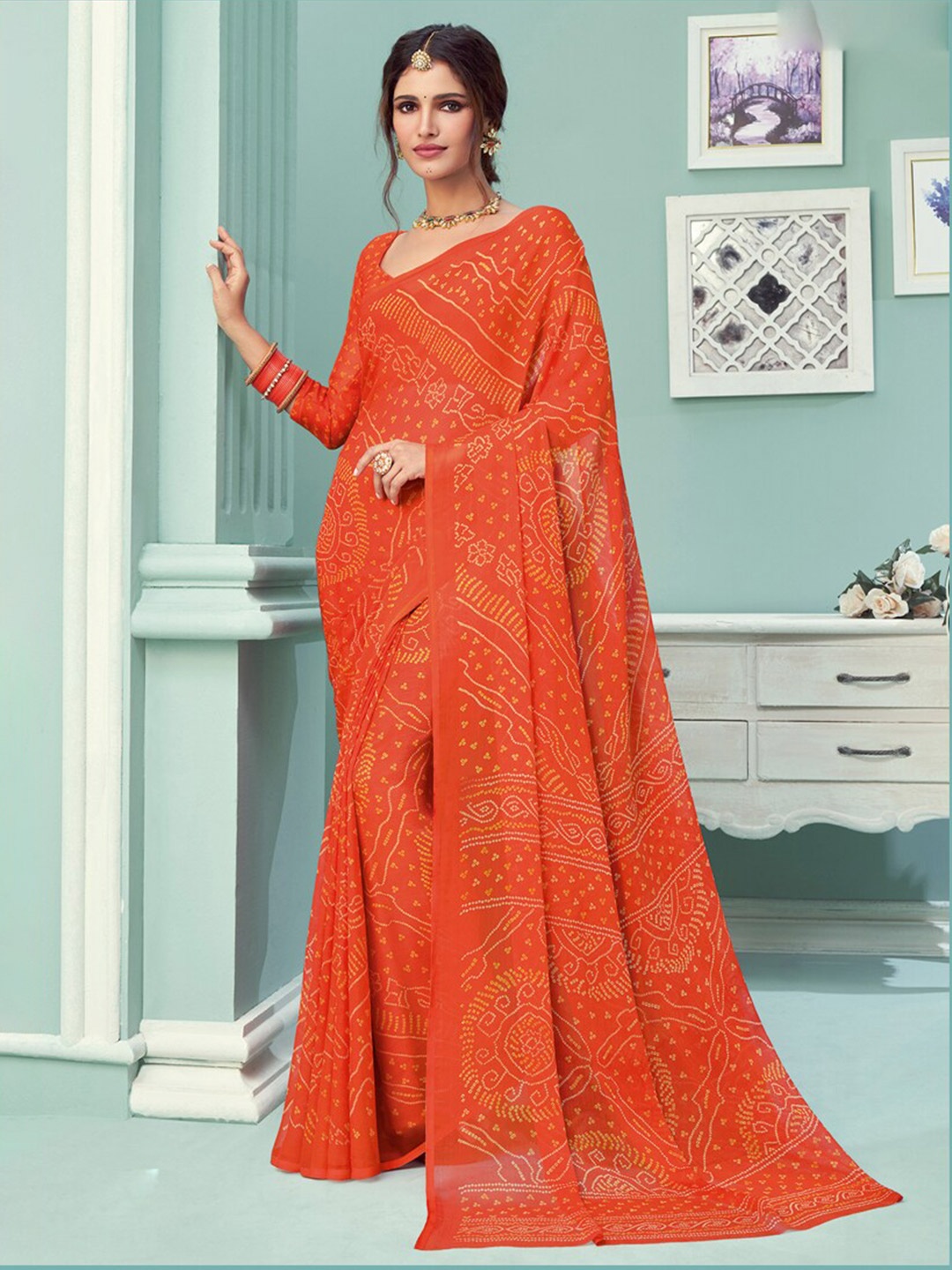 

DIVASTRI Bandhani Printed Pure Chiffon Saree, Orange