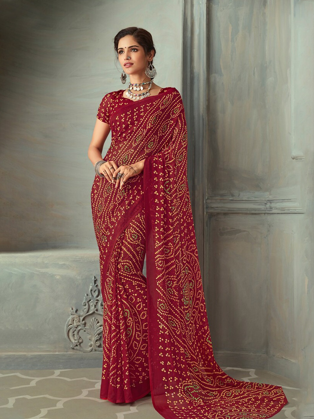 

DIVASTRI Bandhani Printed Pure Chiffon Saree, Maroon