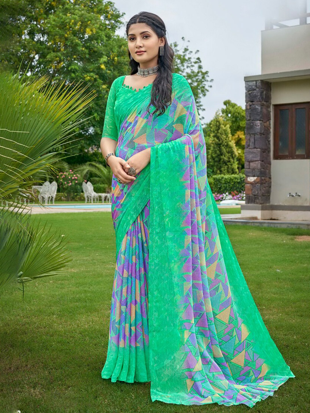 

DIVASTRI Geometric Printed Pure Chiffon Saree, Sea green