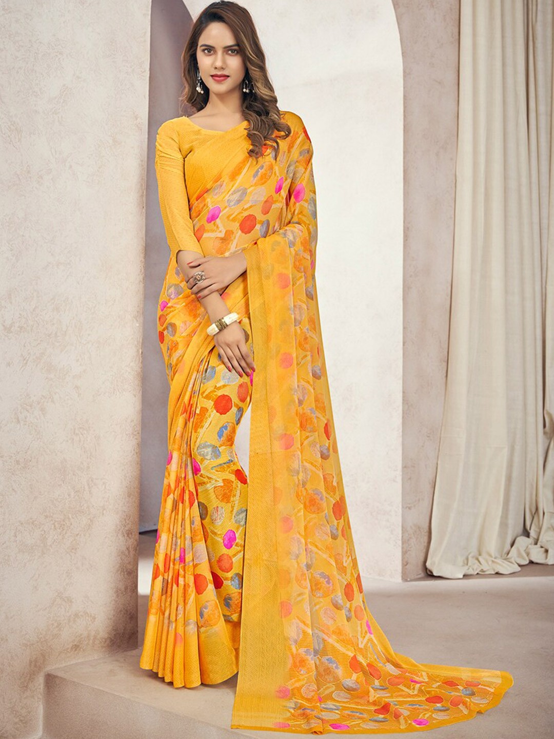 

DIVASTRI Abstract Printed Pure Chiffon Saree, Yellow