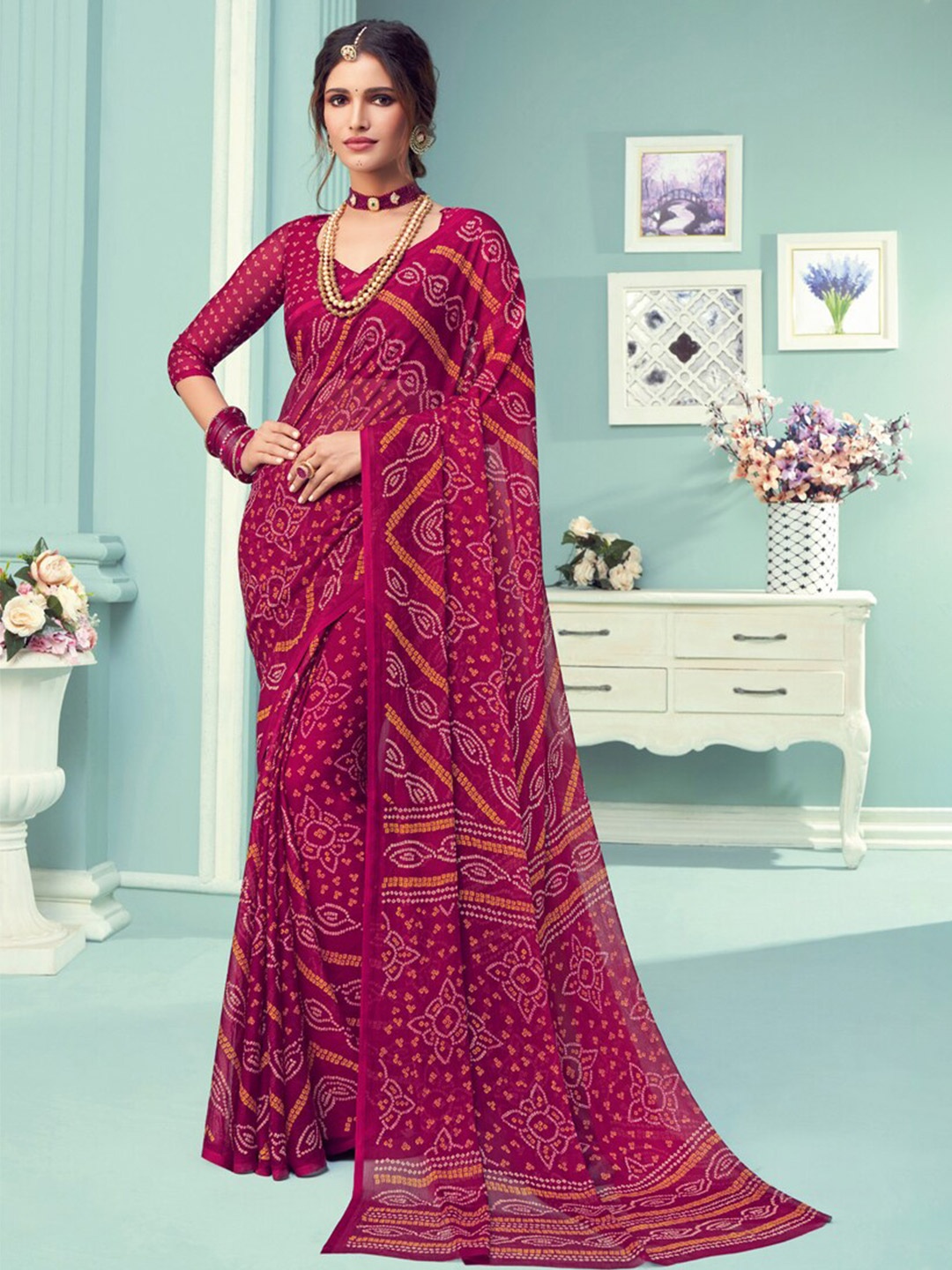 

DIVASTRI Bandhani Printed Pure Chiffon Saree, Pink