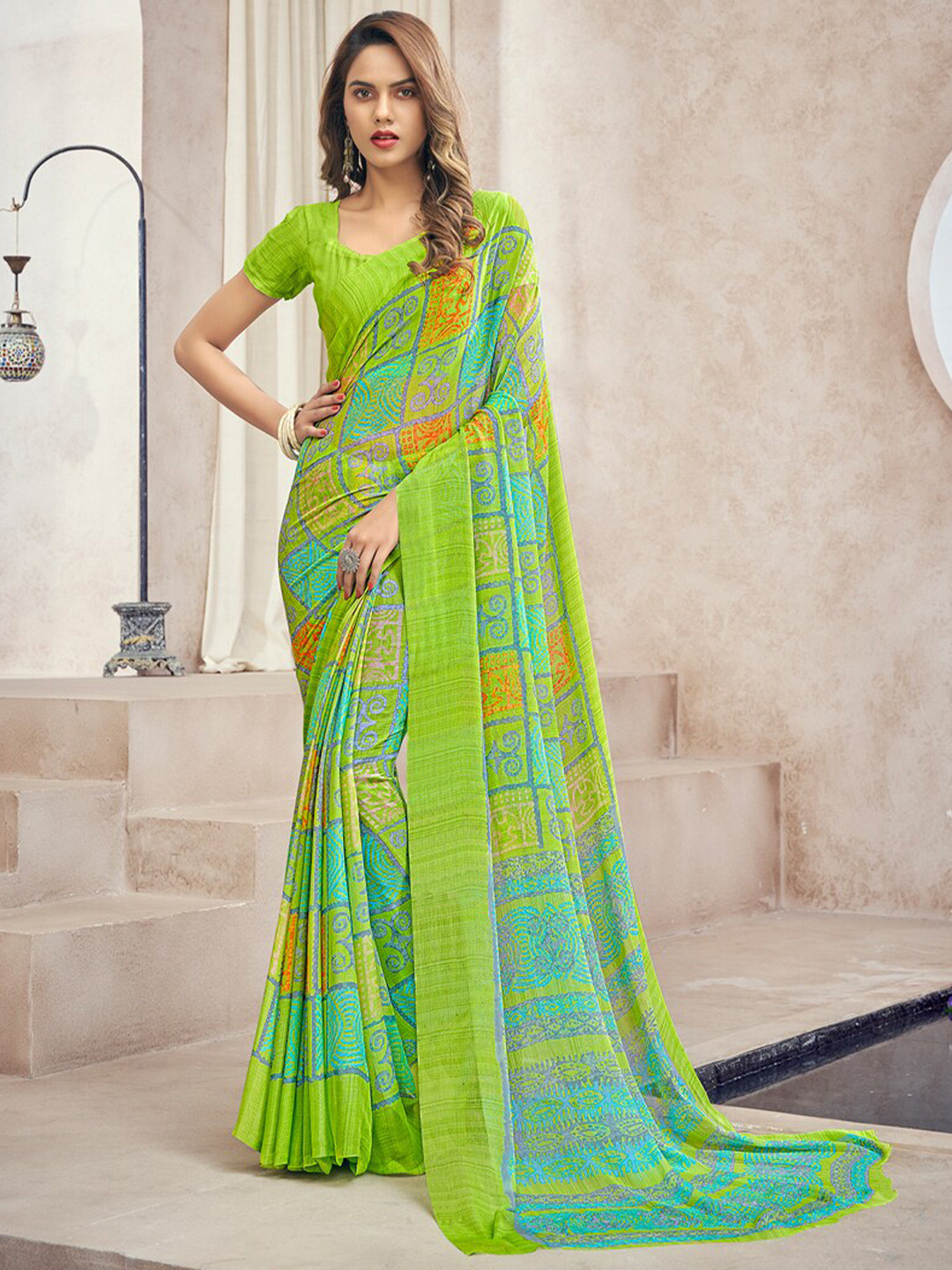 

DIVASTRI Ethnic Motif Printed Pure Chiffon Saree, Green