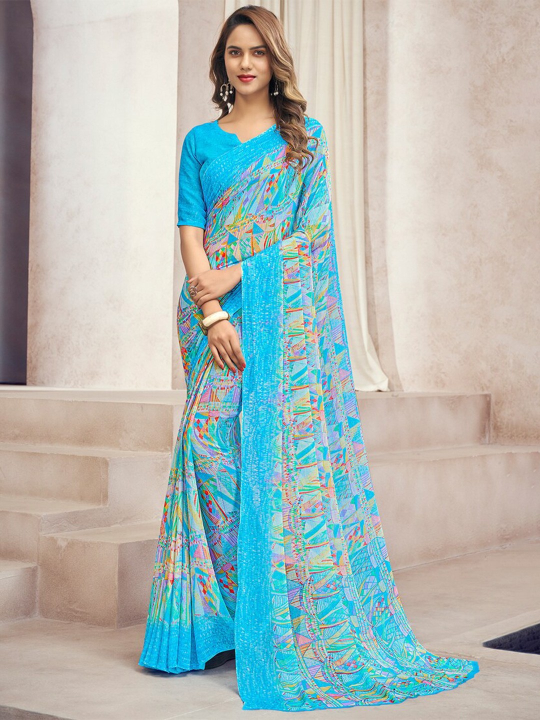 

DIVASTRI Abstract Printed Pure Chiffon Saree, Blue