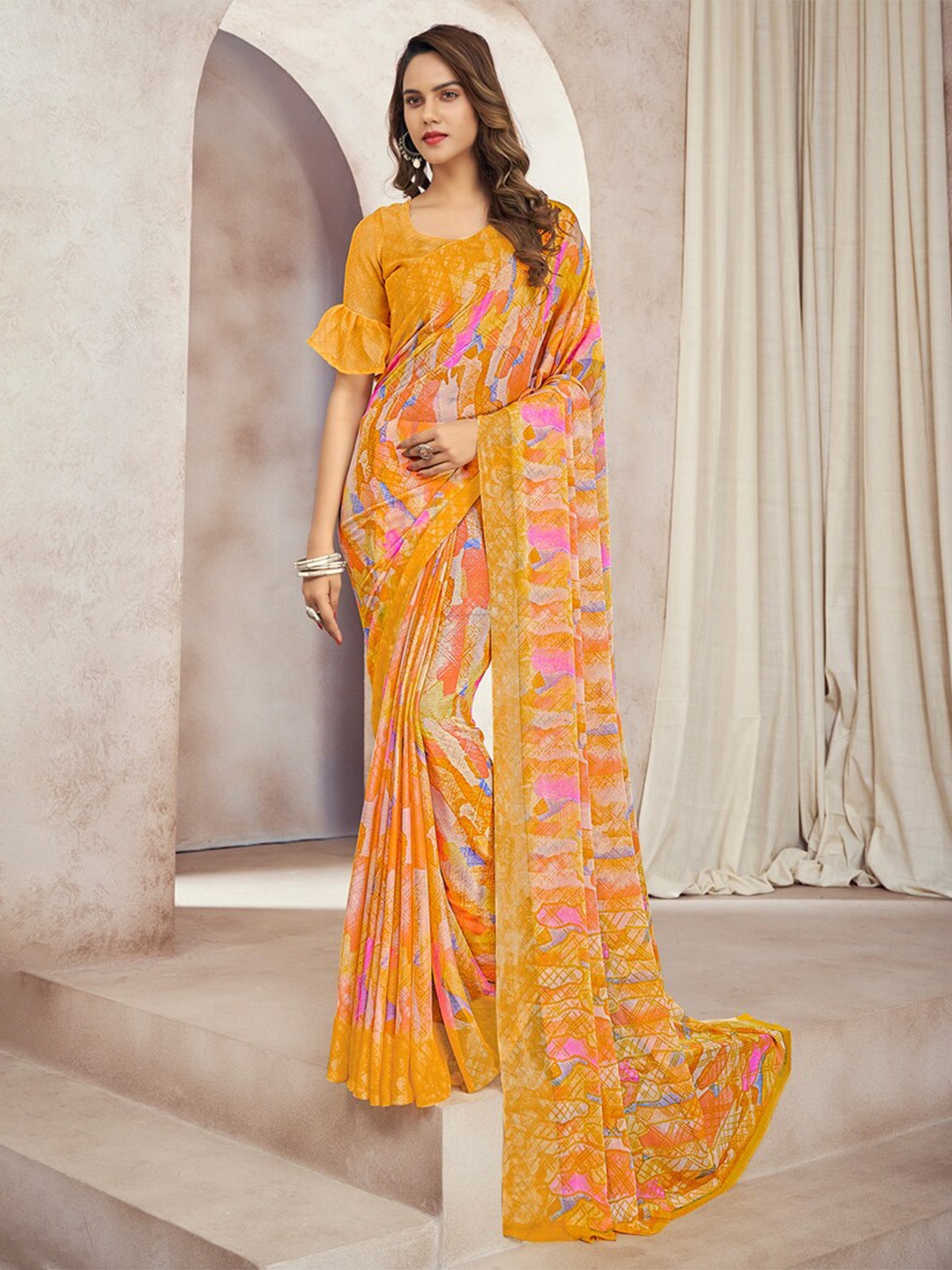 

DIVASTRI Abstract Printed Pure Chiffon Saree, Mustard