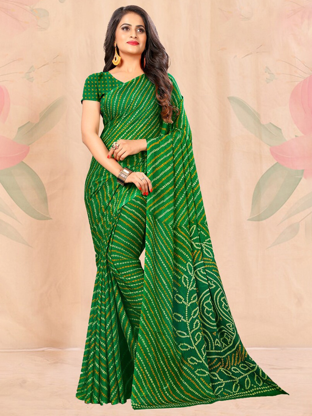 

DIVASTRI Bandhani Printed Pure Chiffon Saree, Green