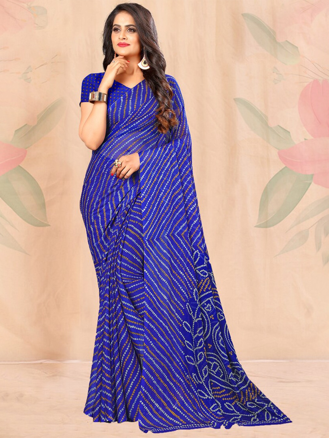 

DIVASTRI Bandhani Printed Pure Chiffon Saree, Blue