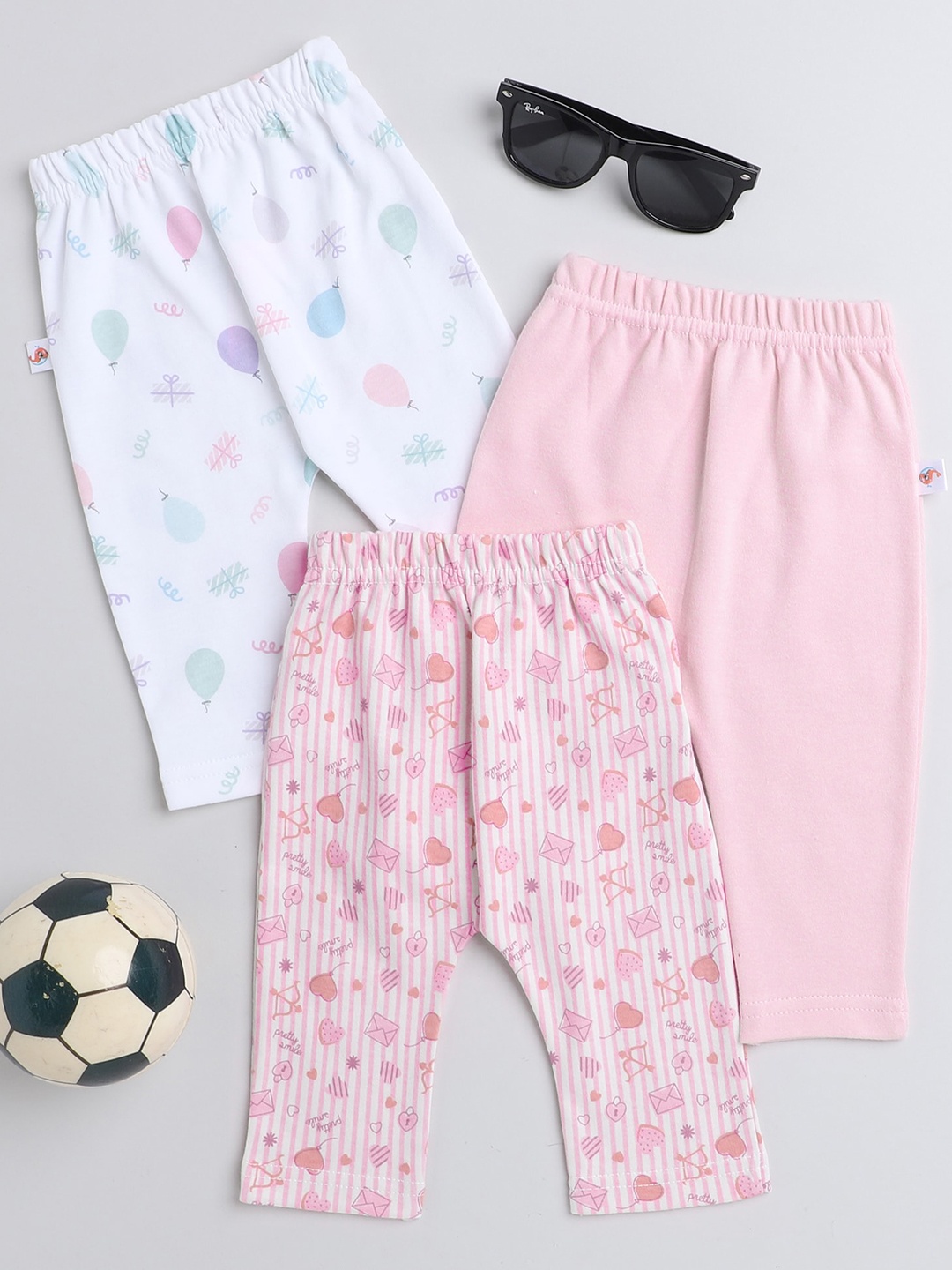 

BUMZEE Infants Girls Pack Of 3 Printed Cotton Ankle-Length Leggings, Pink