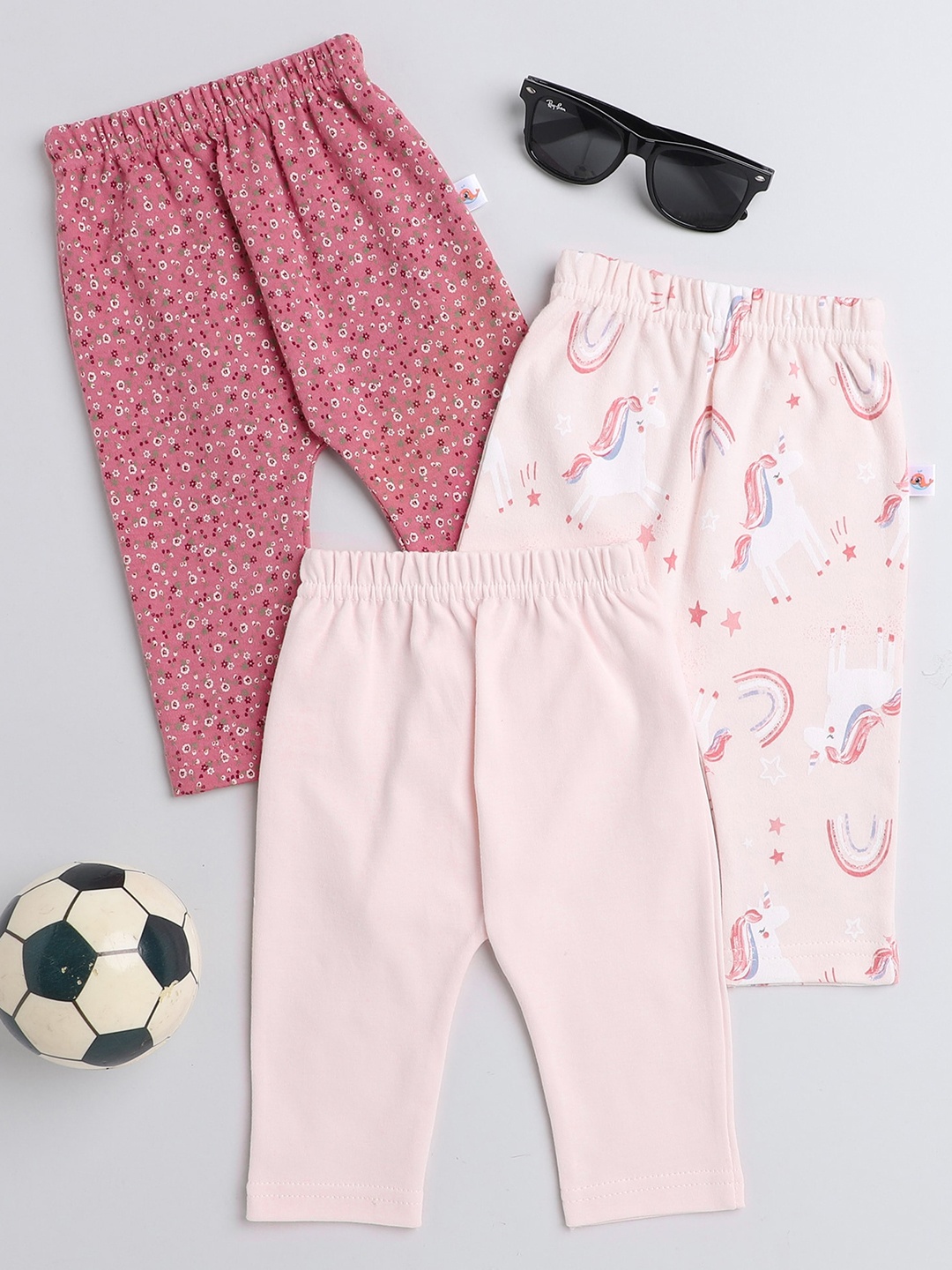 

BUMZEE Infants Girls Pack Of 3 Printed Cotton Ankle-Length Leggings, Pink