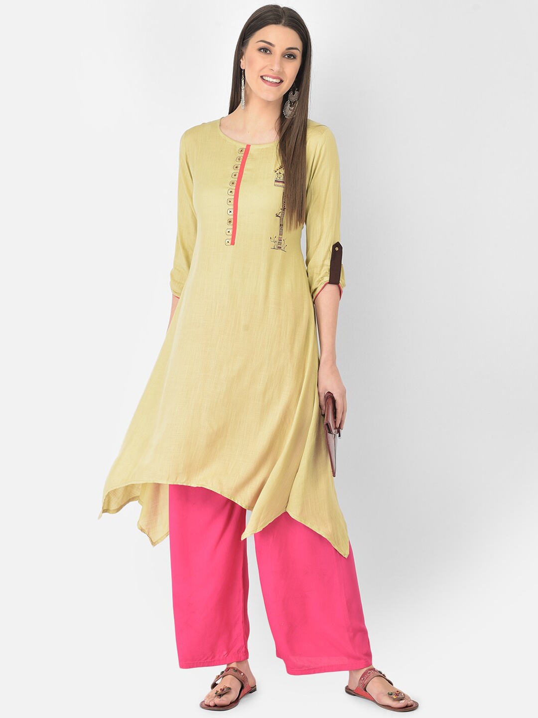 

Span Roll-Up Sleeves Asymmetric Hem A-Line Kurta, Beige