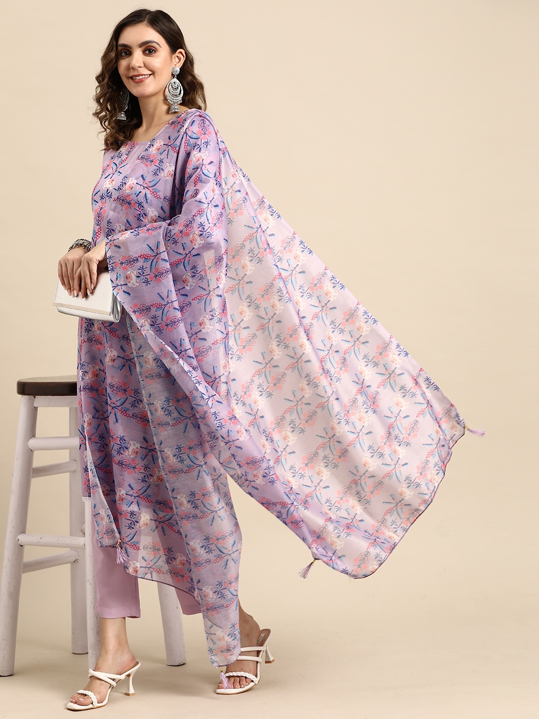 

Sangria Women Floral Printed Regular Pure Cotton Kurta with Palazzos & With Dupatta, Lavender